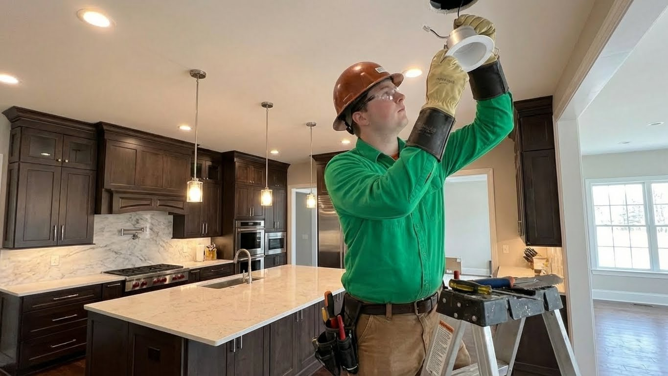 Licensed electrician from R&D Electrical installing recessed light in a residential home in York County, SC.