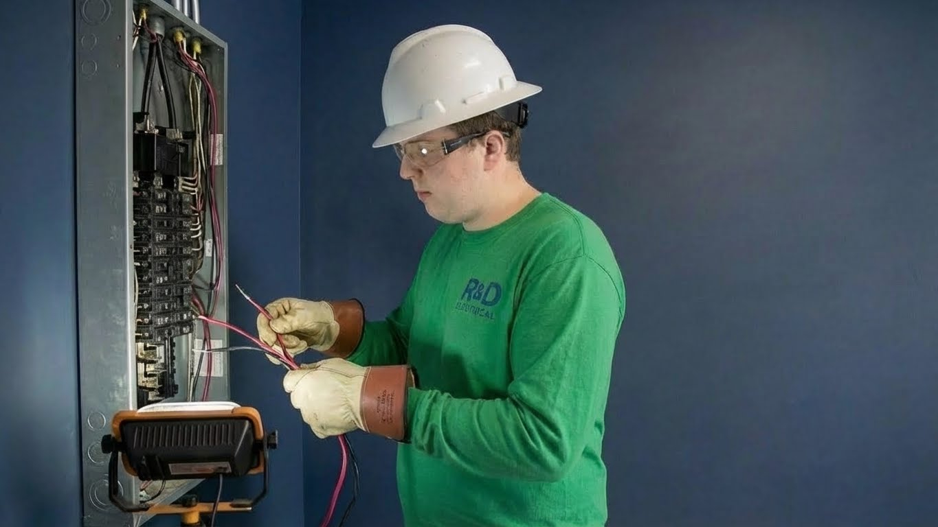 Licensed electrician from R&D Electrical installing recessed light in a residential home in York County, SC.